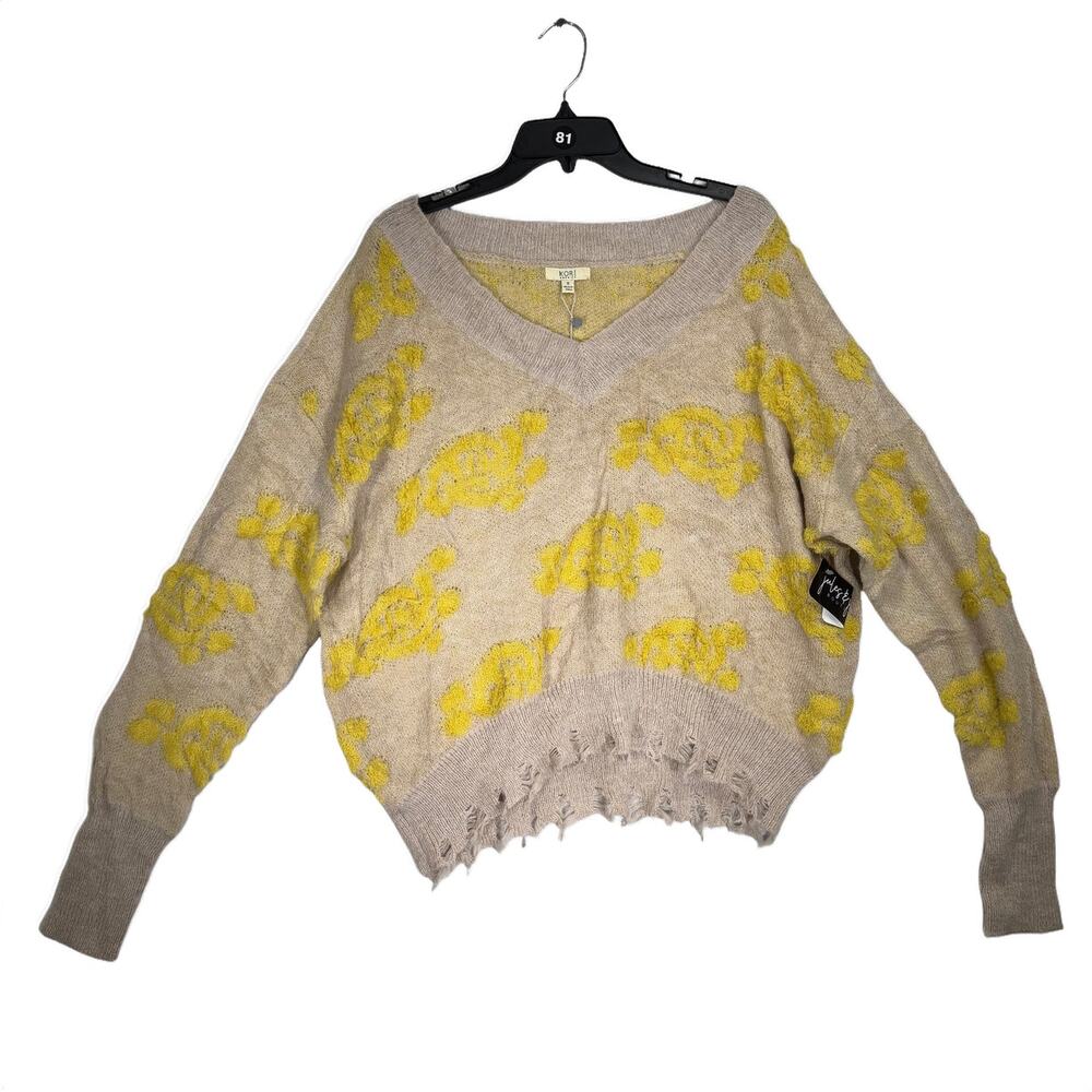 NWT Kori Floral Distressed Sweater Womens Small Cream Yellow Boho Cottagecore